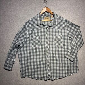 Wrangler Western Shirts Mens 3XL Plaid Pearl Snap Long Sleeve Green Grey White